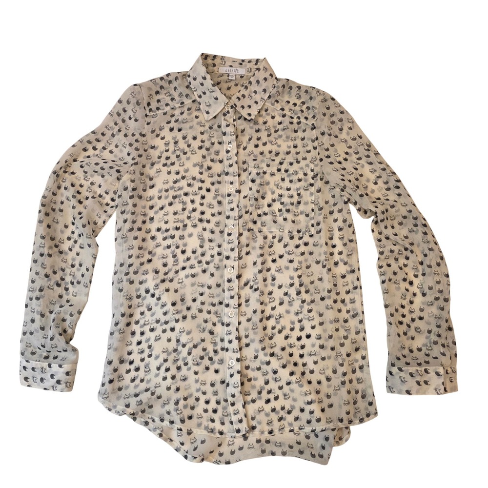 dELiA*s Blouse Y2k Mall Brand XS Cream Excellent Cat Print Button Down Chiffon